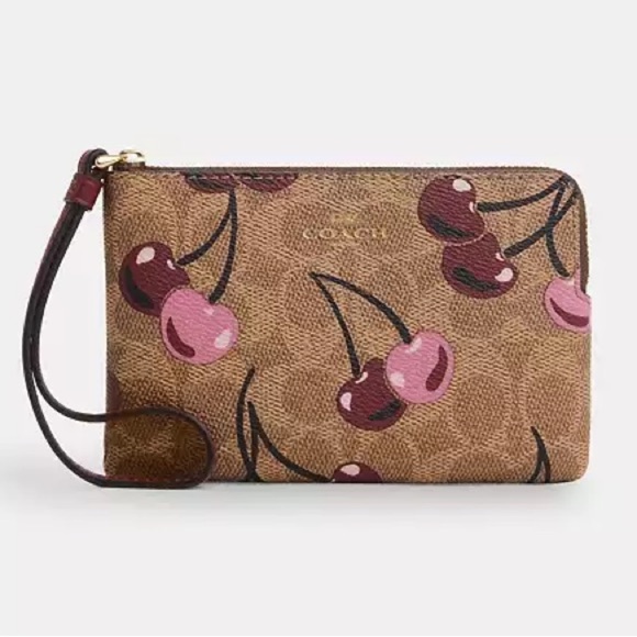 Coach Corner Zip Wristlet In Signature Canvas With Cherry Print NWT - Picture 2 of 11